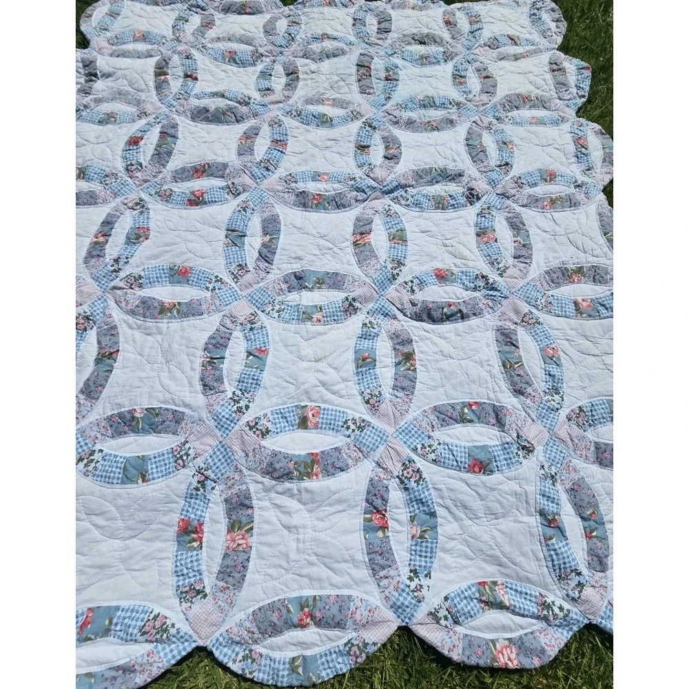 Handmade vintage double wedding ring quilt blue floral gingham Heirloom Cottage